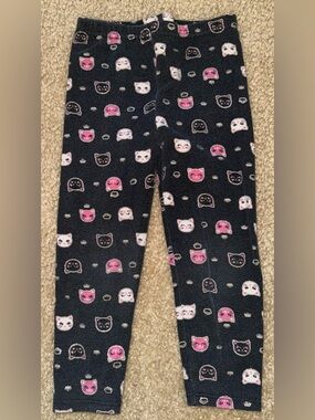 Black Cat Face Print Kids Leggings with Pink and White Accents